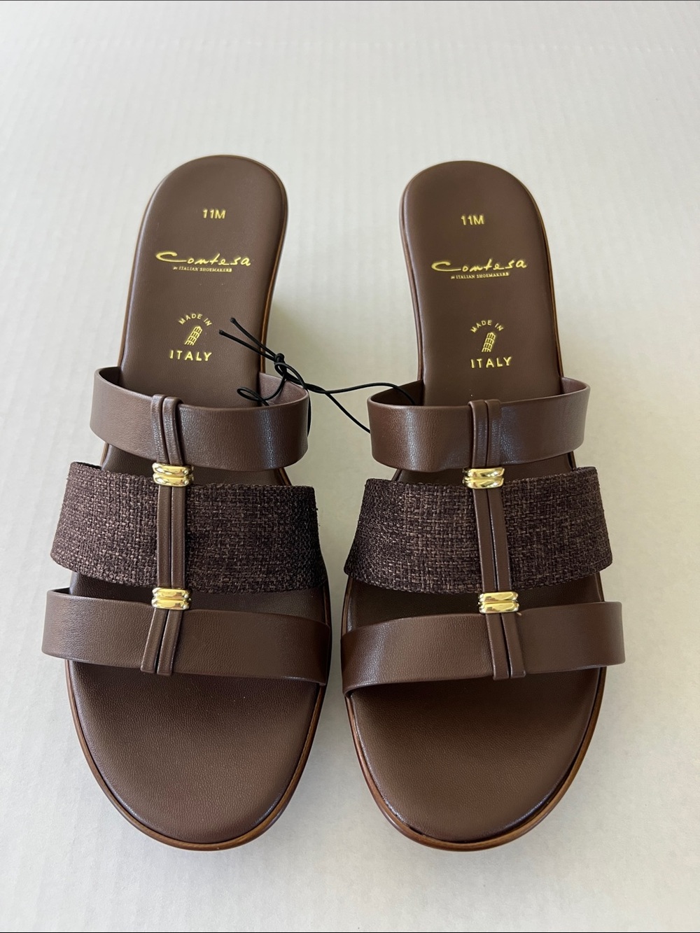 Italian Shoemakers Brown Leather & Fabric Slide Sandals with Gold Accents